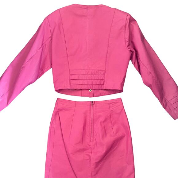 Vintage 80s Yucatan Bay Pink 2 Piece Leather Mini Skirt Jacket Matching Suit Set - Picture 2 of 14